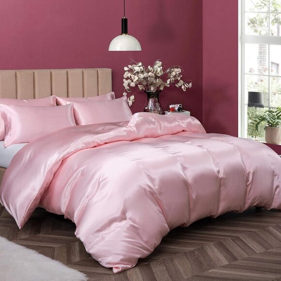 3 Pieces Pink Satin Duvet California King Set,  Duvet Cover & 2 Pillow Cases - Picture 6 of 10